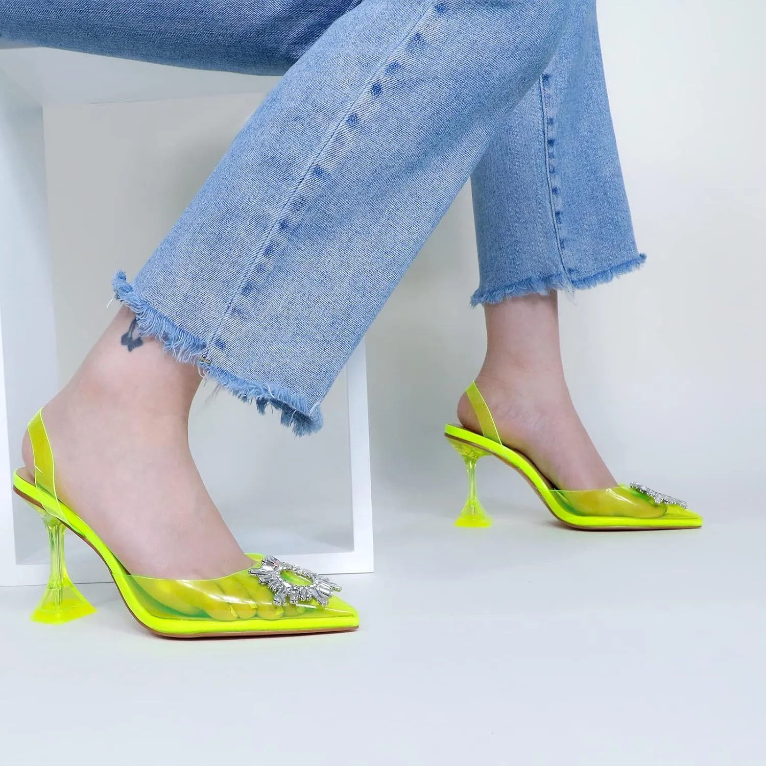 anteikira Women's Fashion High Heels Slip On Slingback Sexy Shoes Strange Heel Sun Knot Pointed Closed Toe Transparent PVC Dress Wedding Sandals
