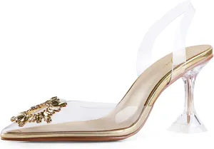 anteikira Women's Fashion High Heels Slip On Slingback Sexy Shoes Strange Heel Sun Knot Pointed Closed Toe Transparent PVC Dress Wedding Sandals