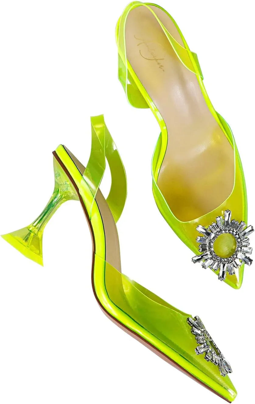 anteikira Women's Fashion High Heels Slip On Slingback Sexy Shoes Strange Heel Sun Knot Pointed Closed Toe Transparent PVC Dress Wedding Sandals