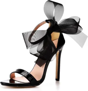 bbruriy Women's Stiletto High Heeled Sandals with Lace Mesh Bows Knot Decoration Open Toe Ankle Strap Sexy Dress Wedding Bridal Party Shoes