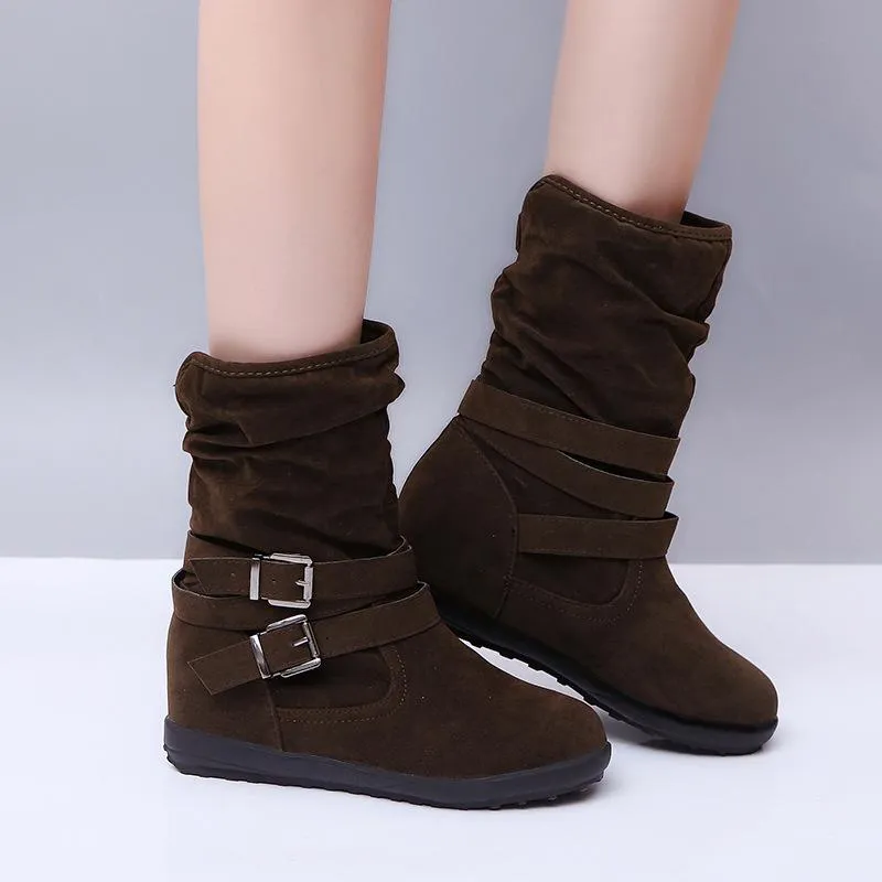 Chicvane Women's Fluffy Round Toe Slip-On Mid Calf Boots With Strap Buckle