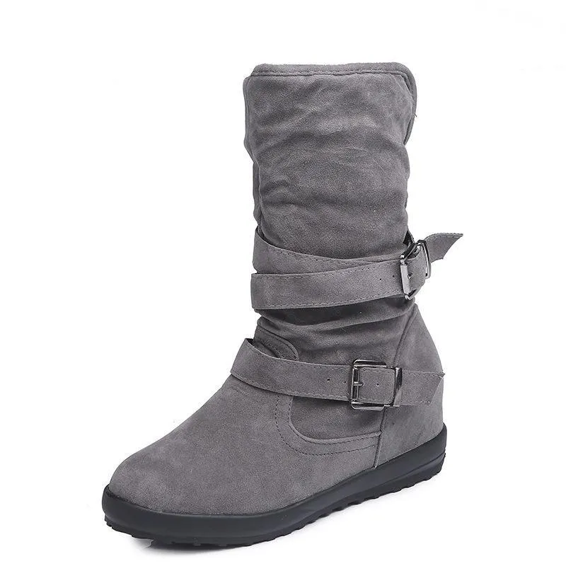 Chicvane Women's Fluffy Round Toe Slip-On Mid Calf Boots With Strap Buckle
