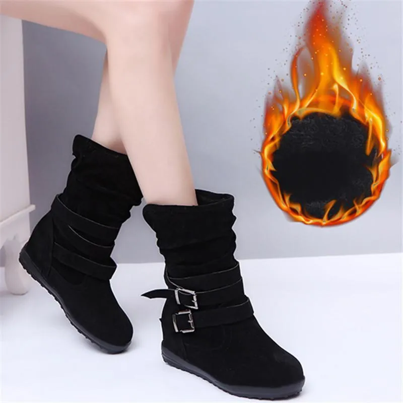 Chicvane Women's Fluffy Round Toe Slip-On Mid Calf Boots With Strap Buckle