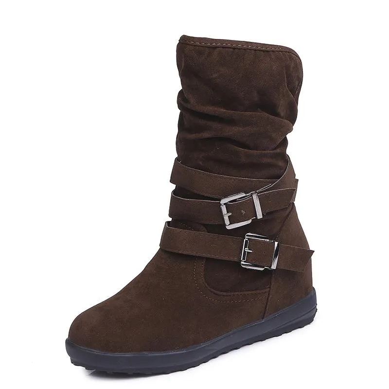 Chicvane Women's Fluffy Round Toe Slip-On Mid Calf Boots With Strap Buckle