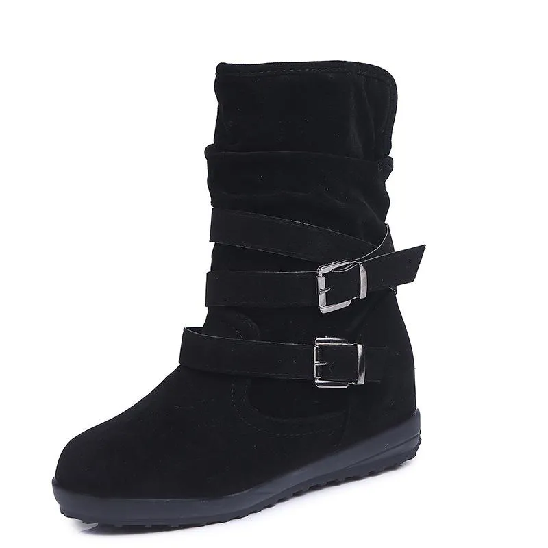 Chicvane Women's Fluffy Round Toe Slip-On Mid Calf Boots With Strap Buckle
