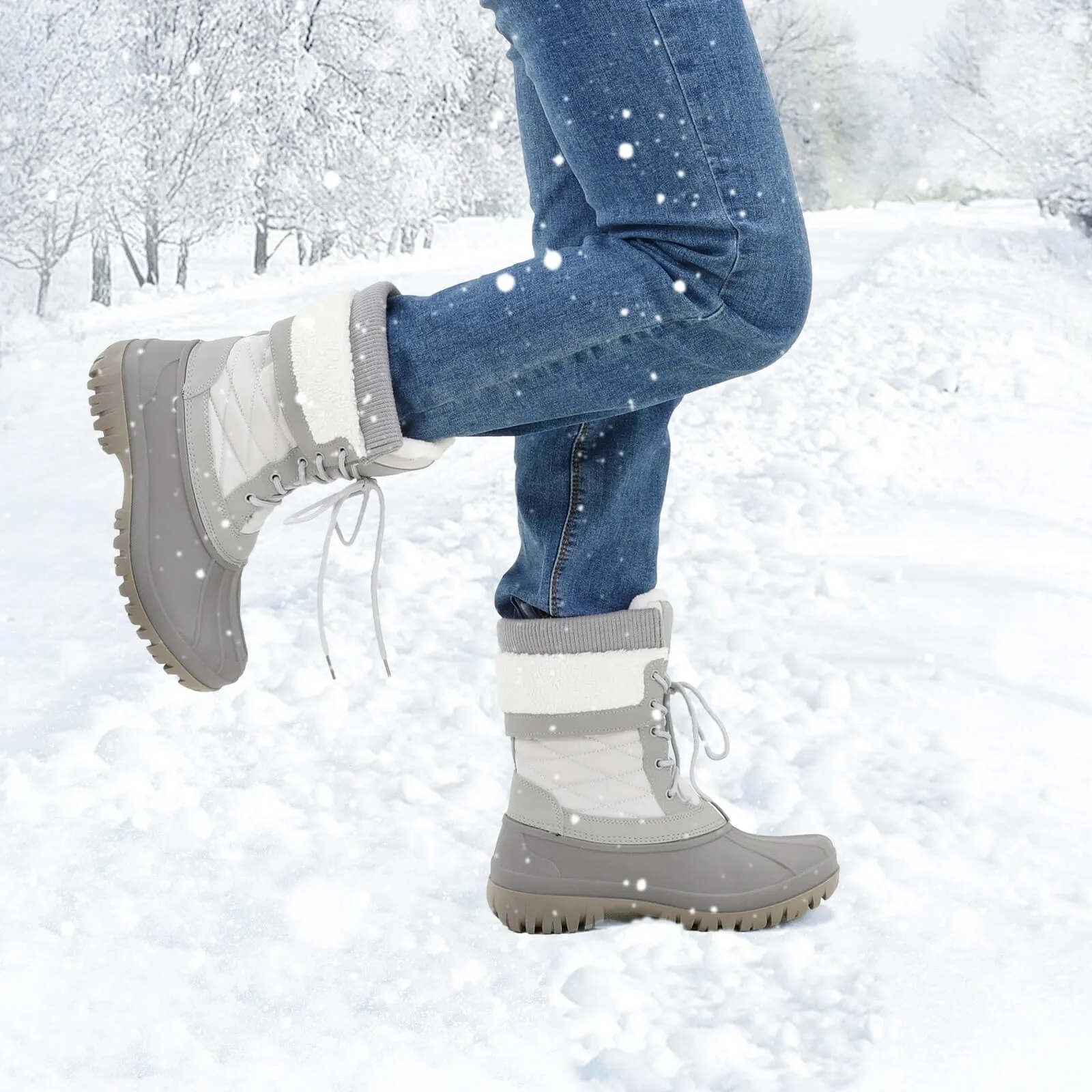 Color Block Fur-lined Lace Up Mid Calf Snow Booties
