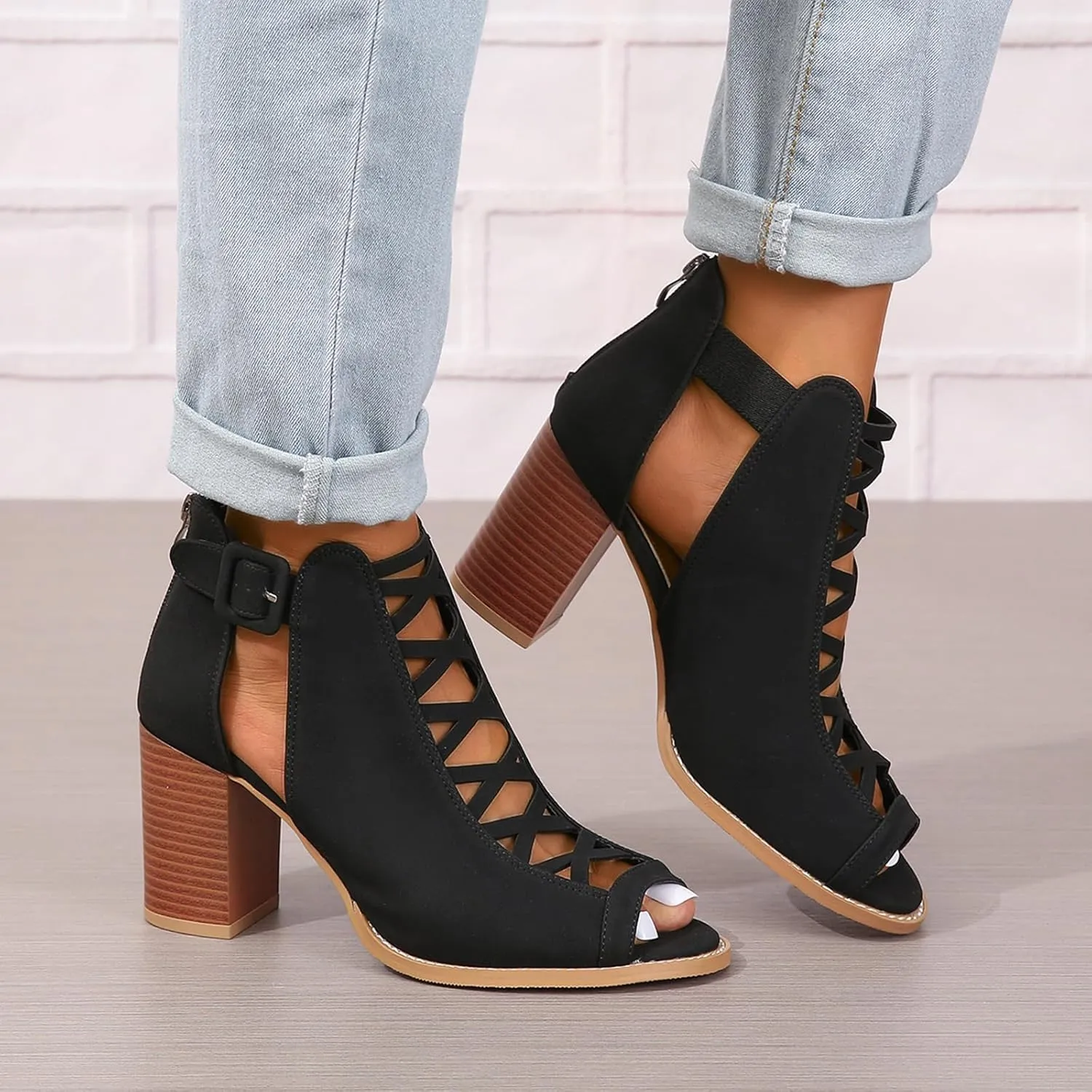GUNIYIFS Women's Cutout Peep Toe Stacked Heeled Sandals Summer Cutout Chunky High Heels Sandals Dress Back Zip Ankle Booties