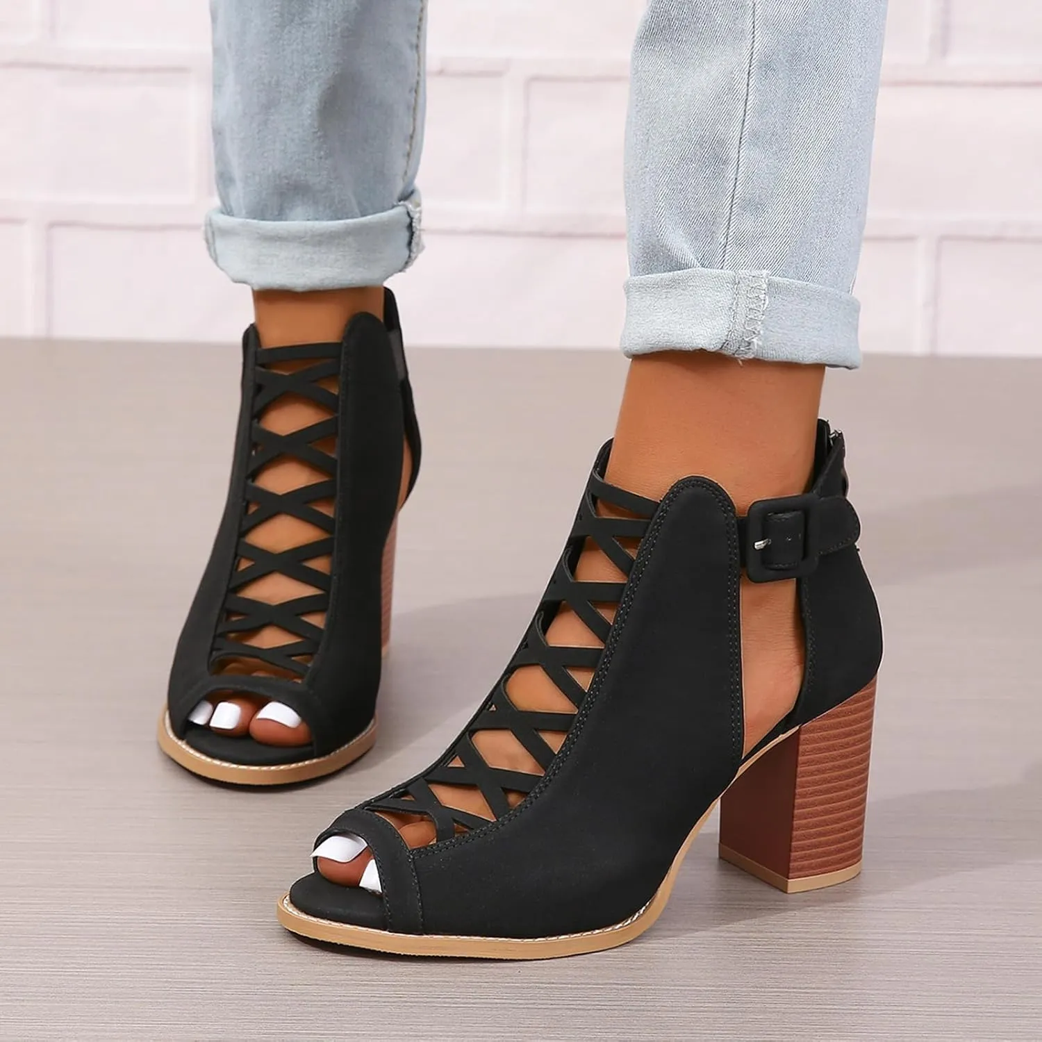 GUNIYIFS Women's Cutout Peep Toe Stacked Heeled Sandals Summer Cutout Chunky High Heels Sandals Dress Back Zip Ankle Booties