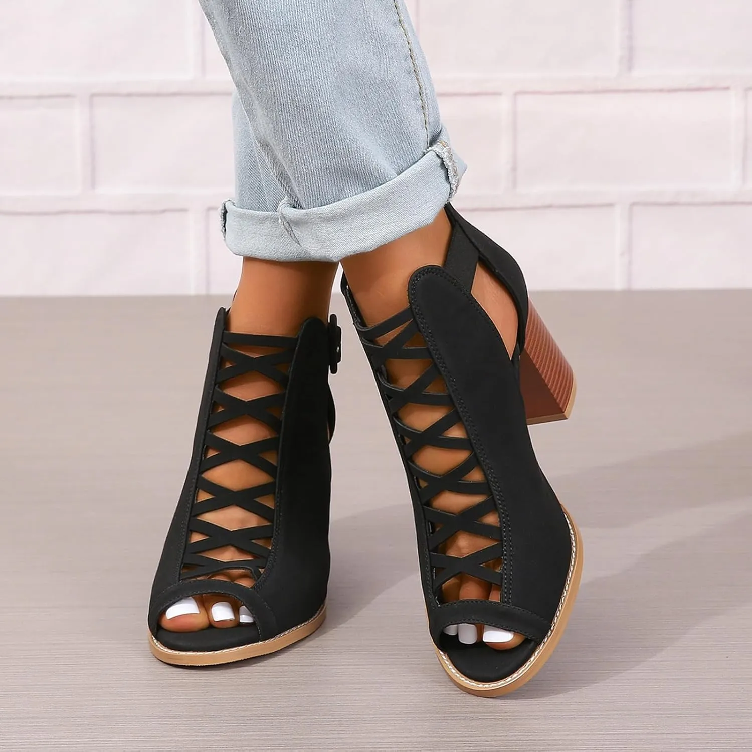 GUNIYIFS Women's Cutout Peep Toe Stacked Heeled Sandals Summer Cutout Chunky High Heels Sandals Dress Back Zip Ankle Booties