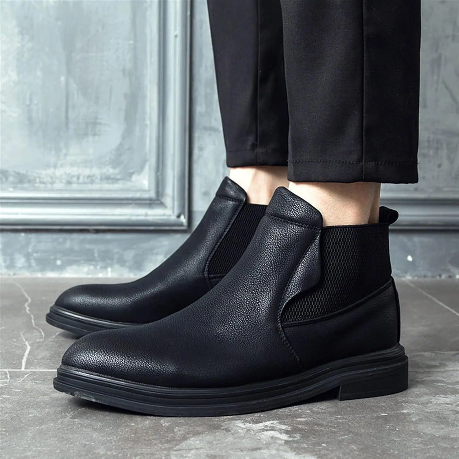 HOOENG Ankle Boots for Men Elastic Bandage Cowhide Leather Anti-Slip Waterproof Wearable Slip on Dress