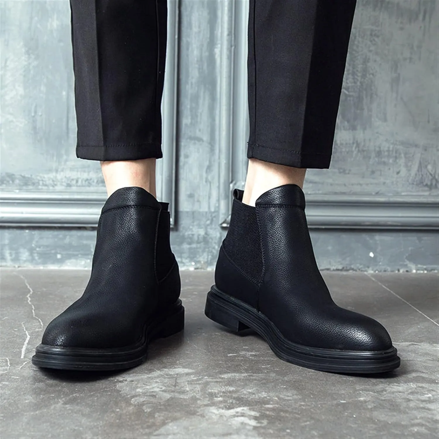 HOOENG Ankle Boots for Men Elastic Bandage Cowhide Leather Anti-Slip Waterproof Wearable Slip on Dress