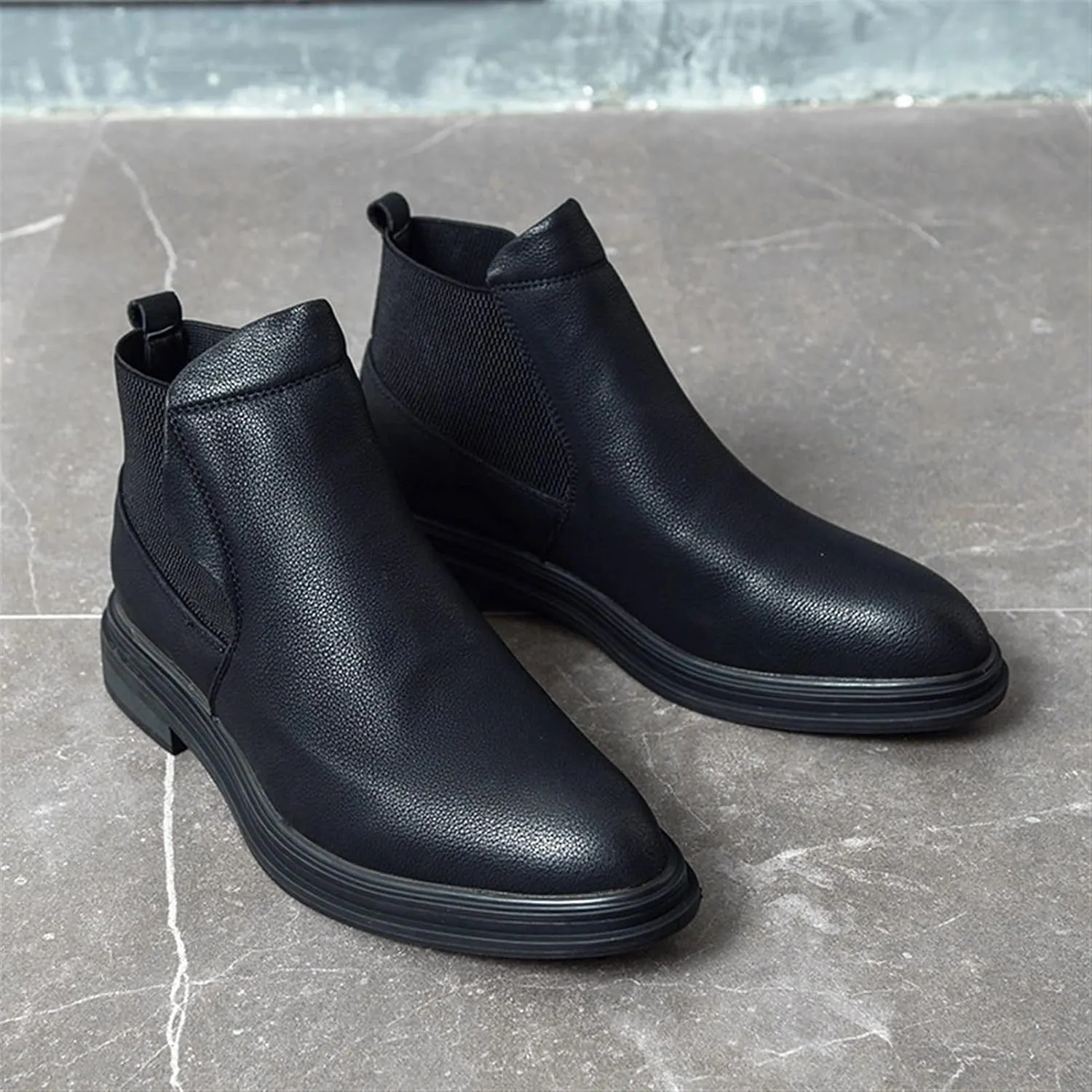 HOOENG Ankle Boots for Men Elastic Bandage Cowhide Leather Anti-Slip Waterproof Wearable Slip on Dress