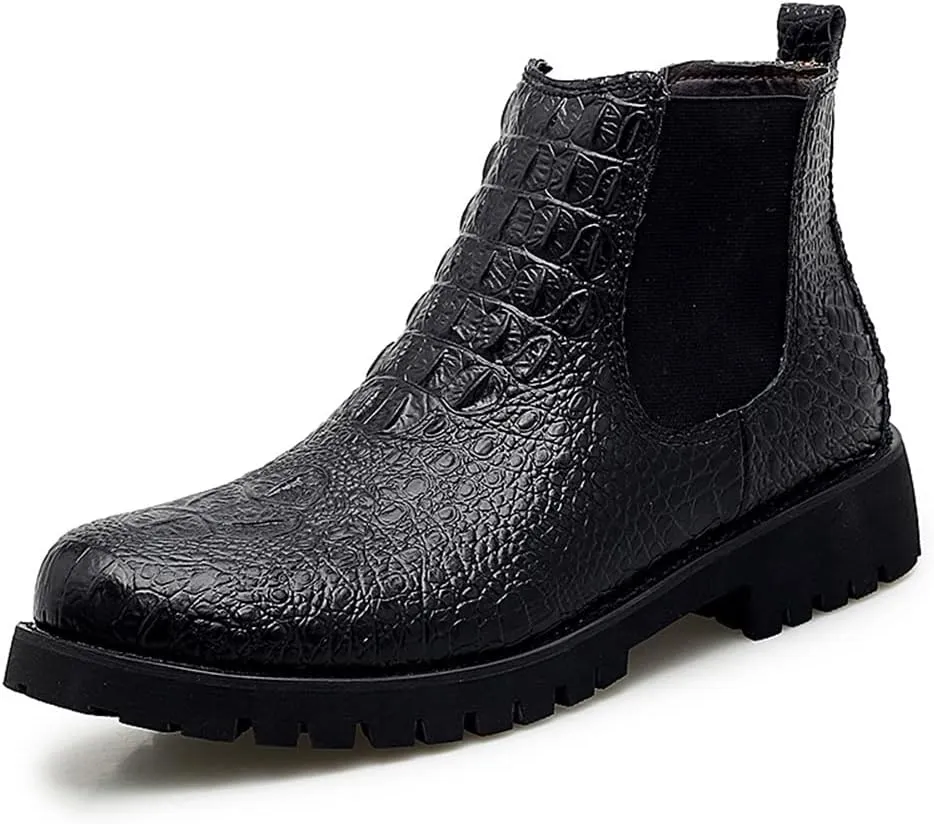 HOOENG Chelsea Boots for Men Crocodile Print Elastic Bandage Cowhide Leather Waterproof Slip on Wearable Non Slip Casual