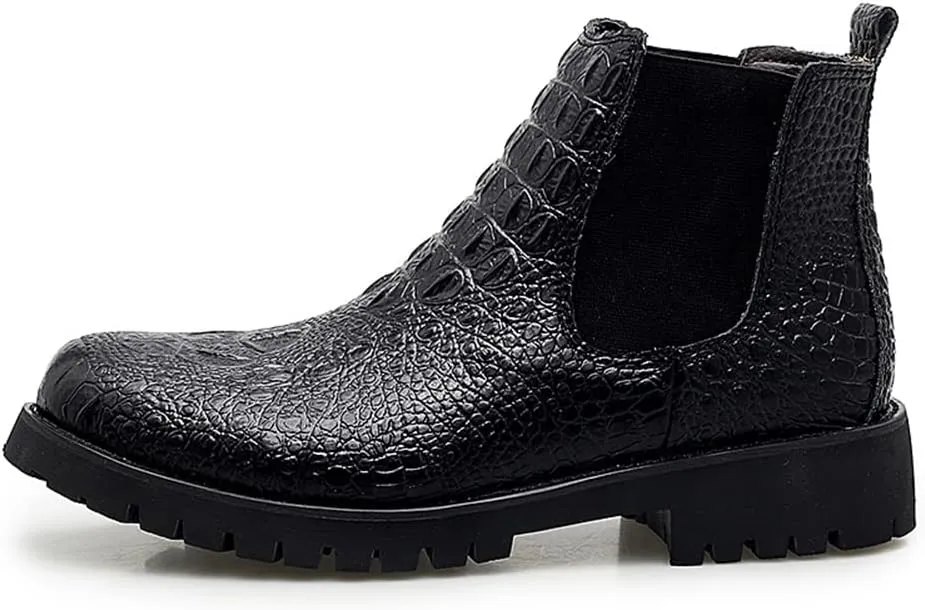 HOOENG Chelsea Boots for Men Crocodile Print Elastic Bandage Cowhide Leather Waterproof Slip on Wearable Non Slip Casual
