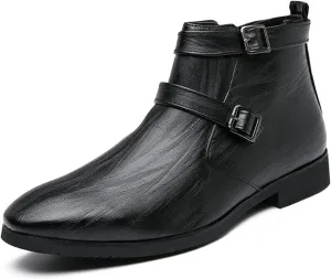 HOOENG Chelsea Boots for Men Duble Buckle Side Zip PU Non Slip Wearable Waterproof Slip on Dress Casual (Color : Black, Size : 10)