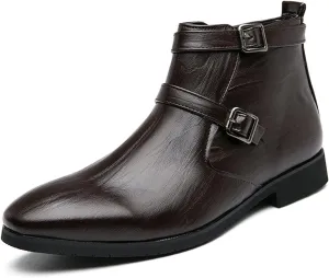 HOOENG Chelsea Boots for Men Duble Buckle Side Zip PU Non Slip Wearable Waterproof Slip on Dress Casual (Color : Brown, Size : 7)