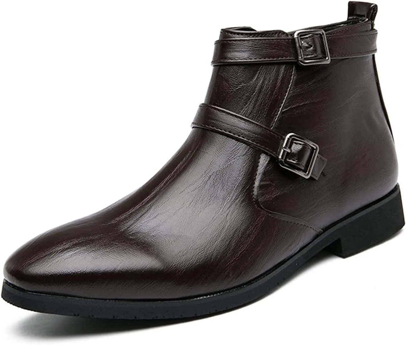 HOOENG Chelsea Boots for Men Duble Buckle Side Zip PU Non Slip Wearable Waterproof Slip on Dress Casual (Color : Brown, Size : 7)