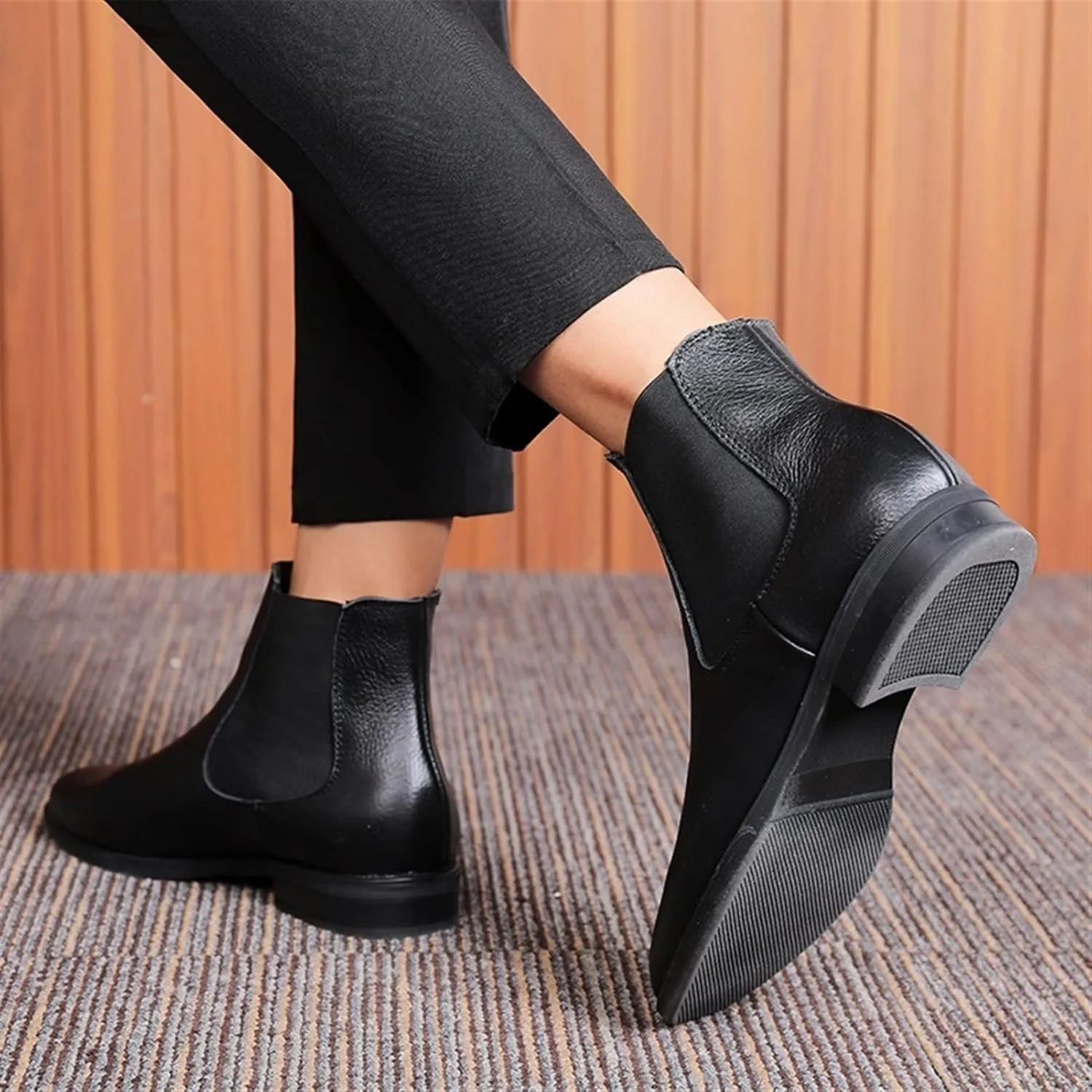 HOOENG Chelsea Boots for Men Elastic Bandage Cowhide Leather Wearable Waterproof Slip on Anti-Slip Non Slip Dress