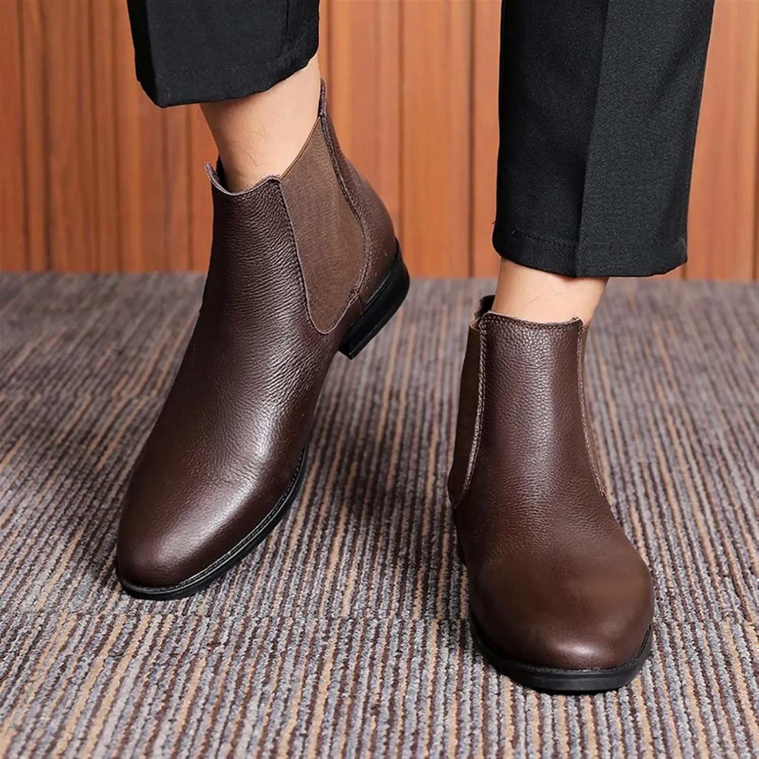 HOOENG Chelsea Boots for Men Elastic Bandage Cowhide Leather Wearable Waterproof Slip on Anti-Slip Non Slip Dress