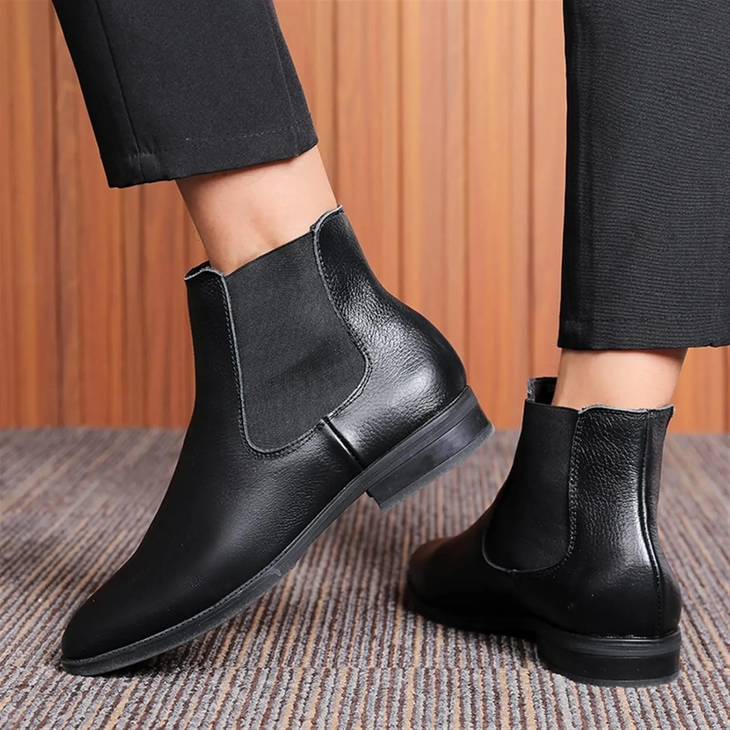HOOENG Chelsea Boots for Men Elastic Bandage Cowhide Leather Wearable Waterproof Slip on Anti-Slip Non Slip Dress
