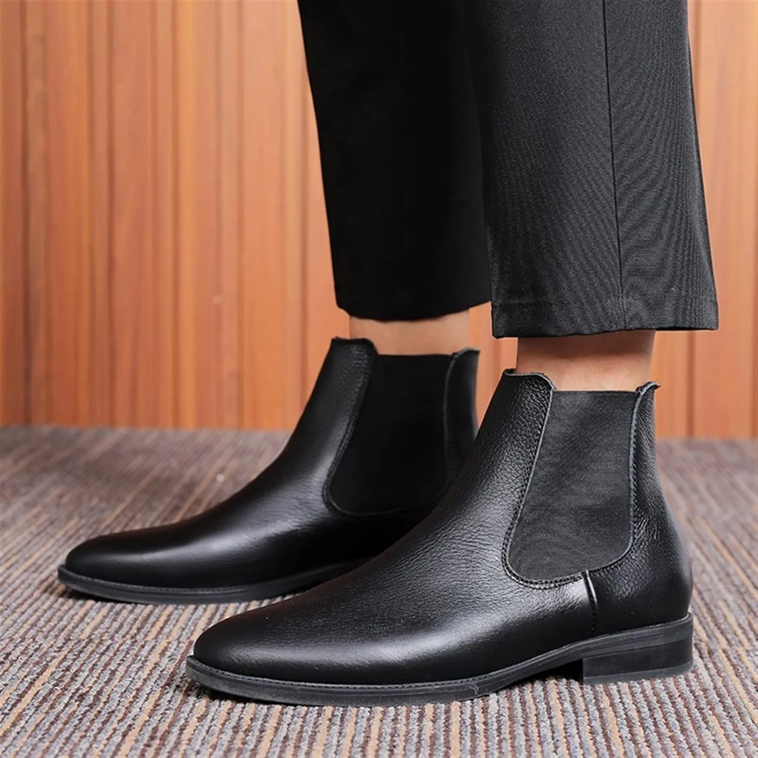 HOOENG Chelsea Boots for Men Elastic Bandage Cowhide Leather Wearable Waterproof Slip on Anti-Slip Non Slip Dress