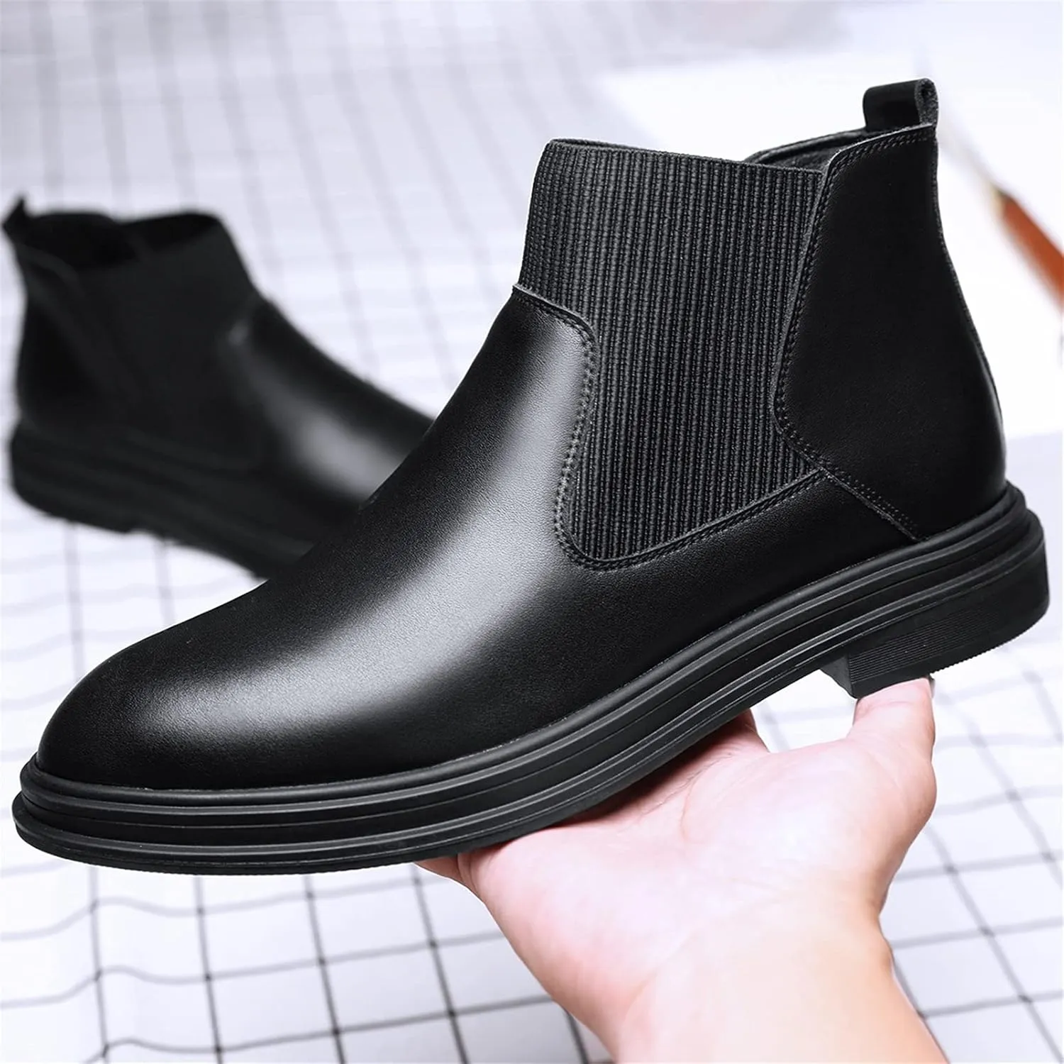 HOOENG Chelsea Boots for Men Elastic Bandage Genuine Leather Wearable Slip on Anti-Slip Non Slip Waterproof Classic Dress