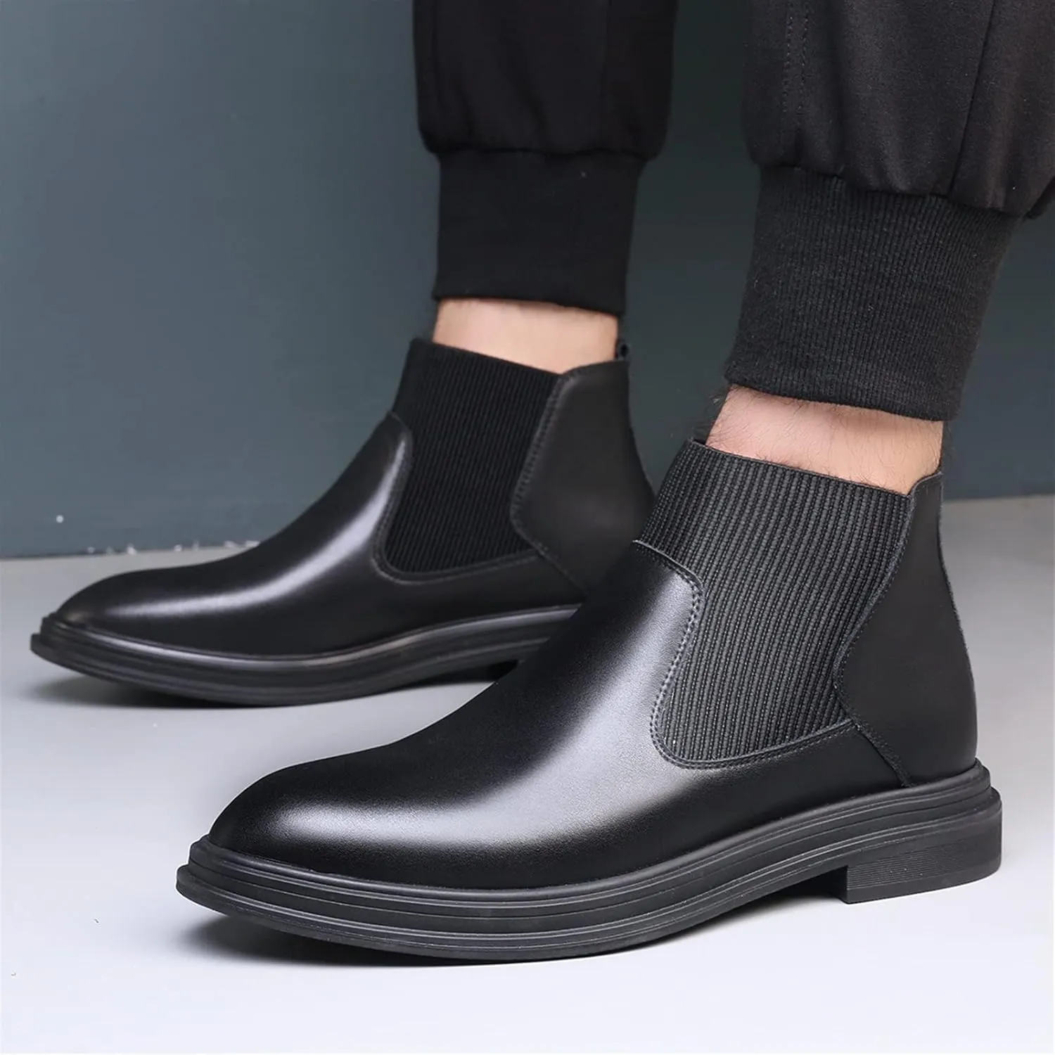 HOOENG Chelsea Boots for Men Elastic Bandage Genuine Leather Wearable Slip on Anti-Slip Non Slip Waterproof Classic Dress