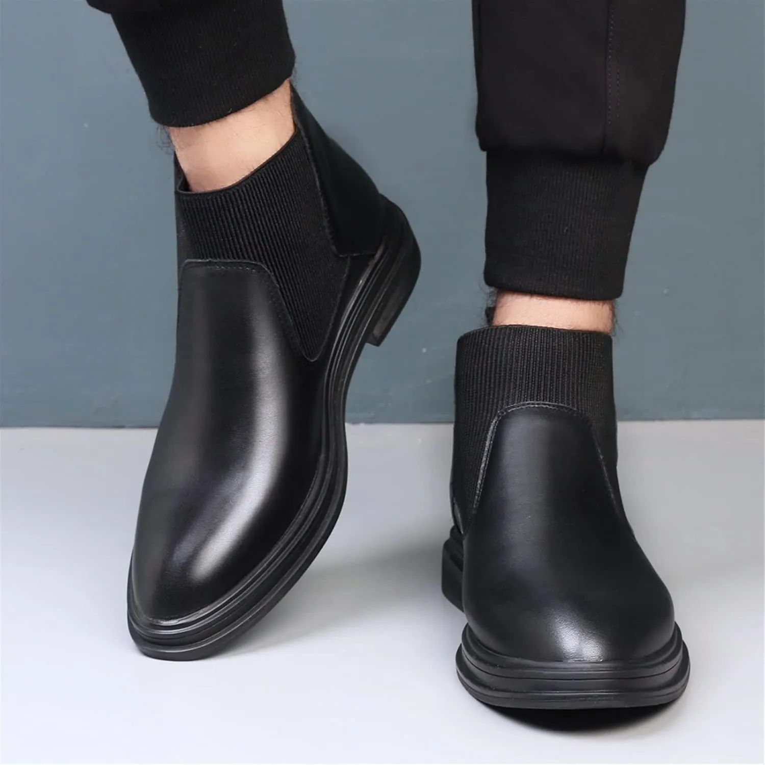 HOOENG Chelsea Boots for Men Elastic Bandage Genuine Leather Wearable Slip on Anti-Slip Non Slip Waterproof Classic Dress