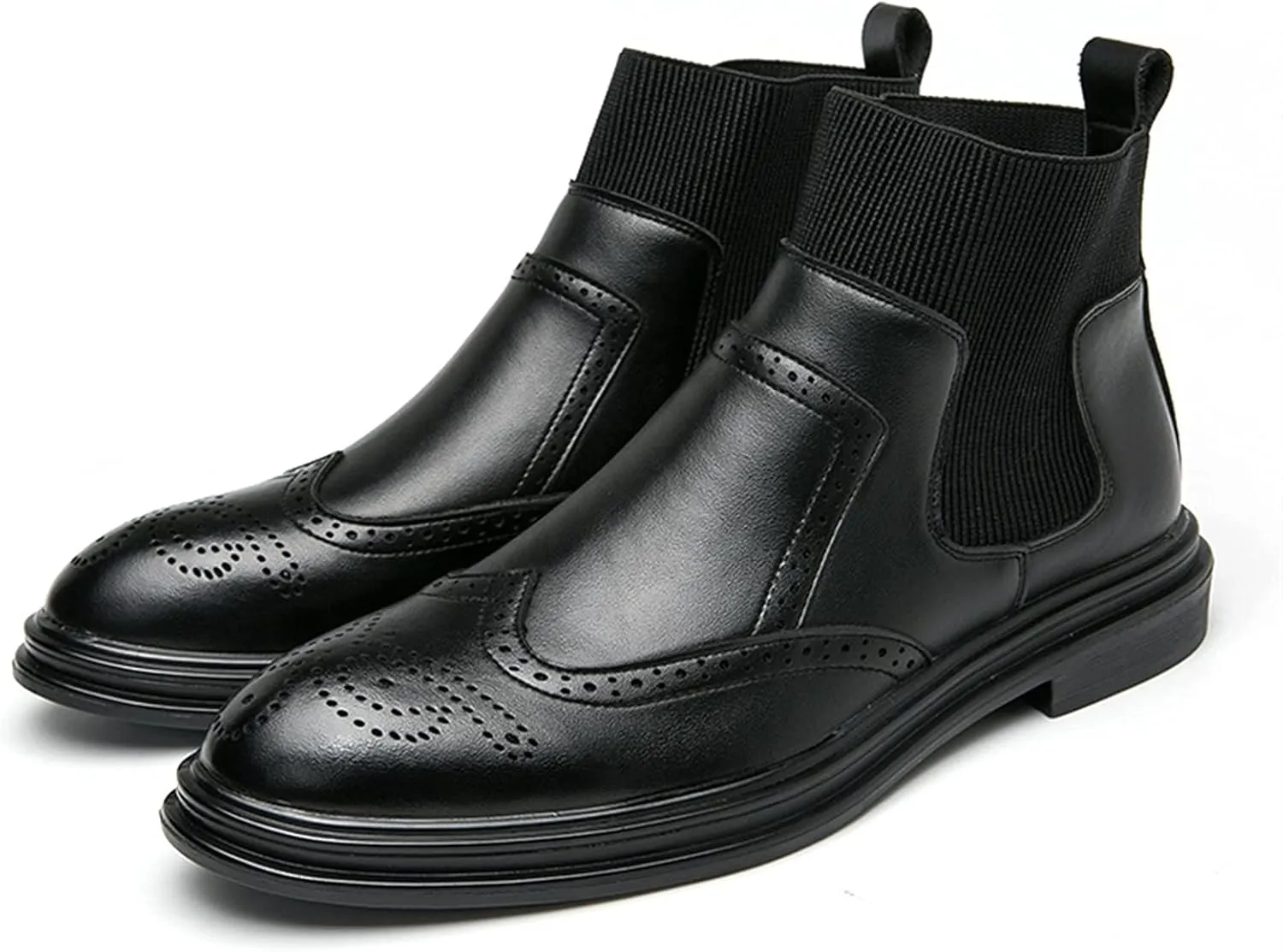 HOOENG Round Toe Ankle Boots for Men Carved Brogue Win Tip Elastic Bandage PU Anti-Slip Non Slip Waterproof Slip on Dress