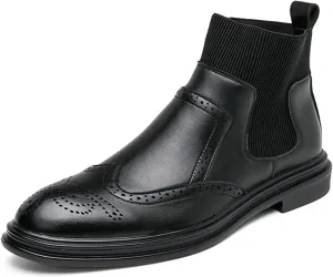 HOOENG Round Toe Ankle Boots for Men Carved Brogue Win Tip Elastic Bandage PU Anti-Slip Non Slip Waterproof Slip on Dress