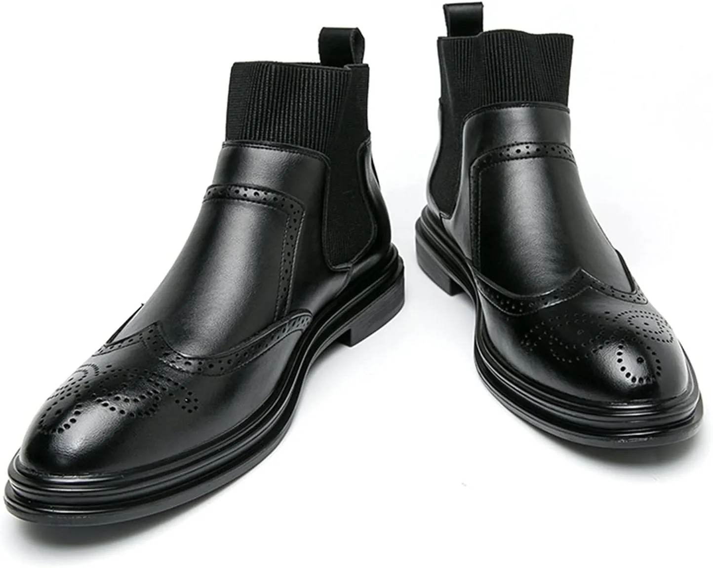 HOOENG Round Toe Ankle Boots for Men Carved Brogue Win Tip Elastic Bandage PU Anti-Slip Non Slip Waterproof Slip on Dress