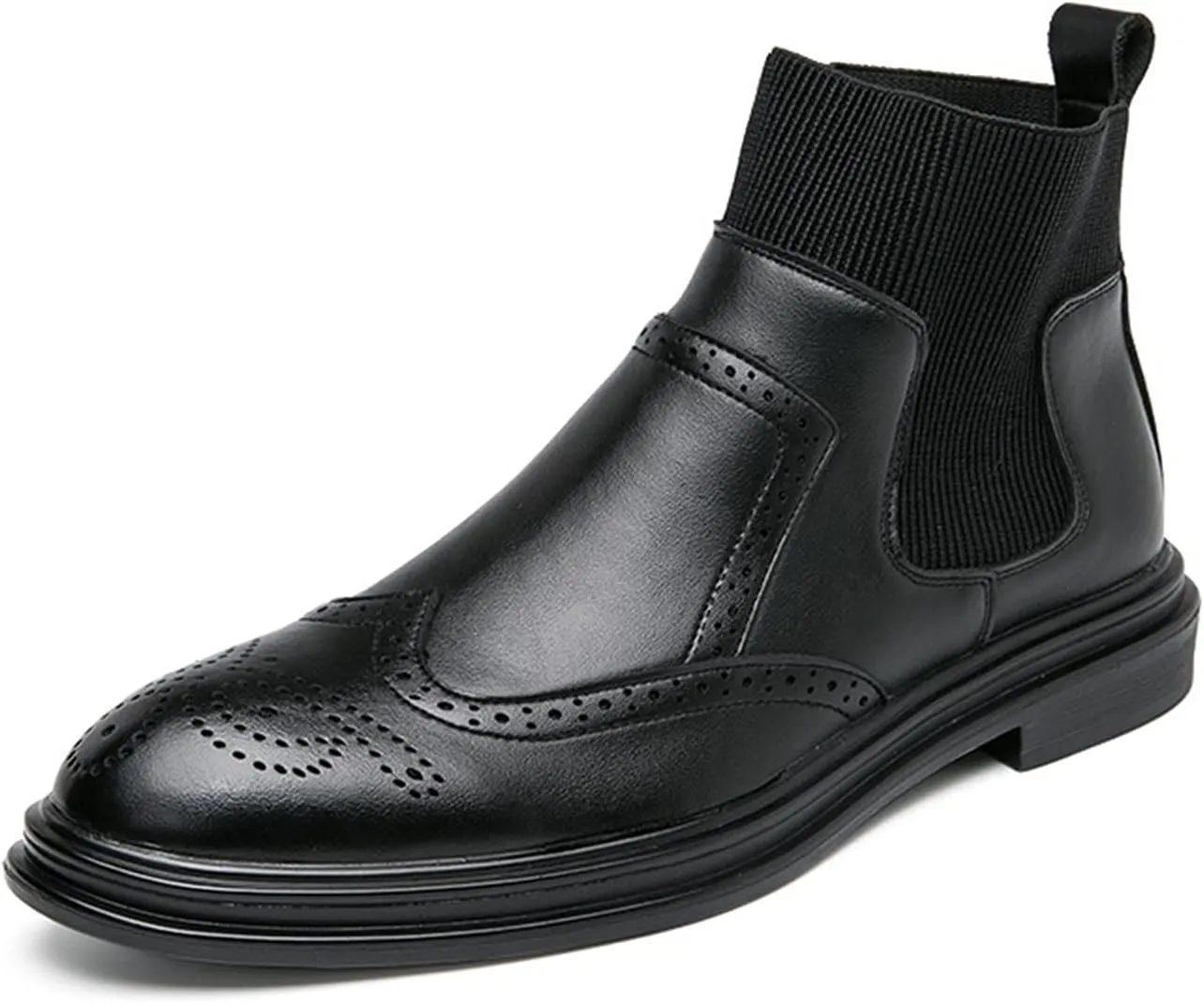 HOOENG Round Toe Ankle Boots for Men Carved Brogue Win Tip Elastic Bandage PU Anti-Slip Non Slip Waterproof Slip on Dress