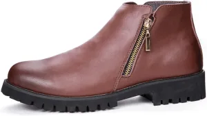 HOOENG Round Toe Ankle Boots for Men Double Side Zip Burnished Toe PU Slip on Waterproof Wearable Anti-Slip Non Slip Work Dress