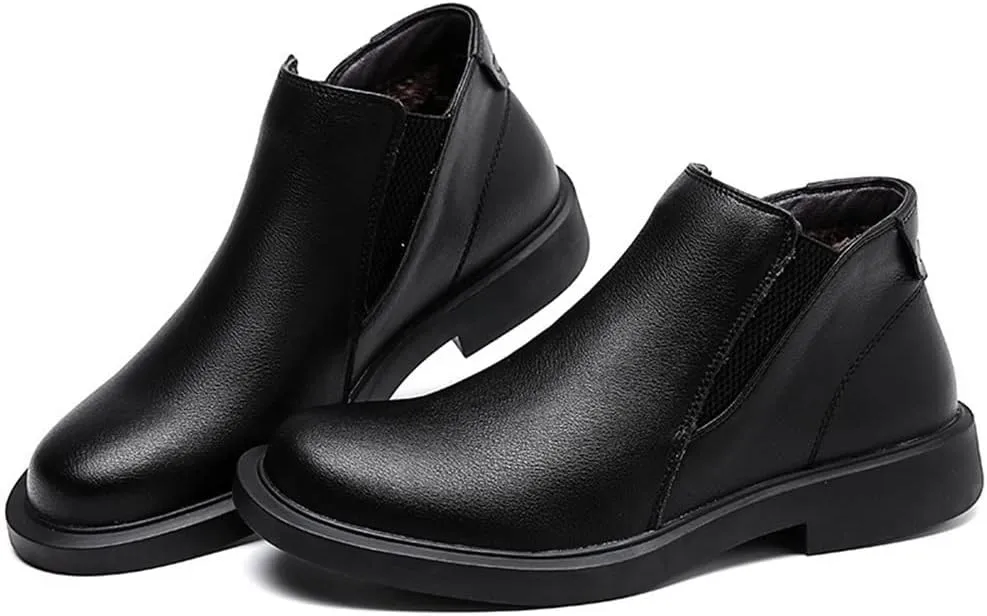 HOOENG Round Toe Ankle Boots for Men Elastic Bandage Genuine Leather Waterproof Anti-Slip Wearable Non Slip on Dress