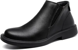HOOENG Round Toe Ankle Boots for Men Elastic Bandage Genuine Leather Waterproof Anti-Slip Wearable Non Slip on Dress