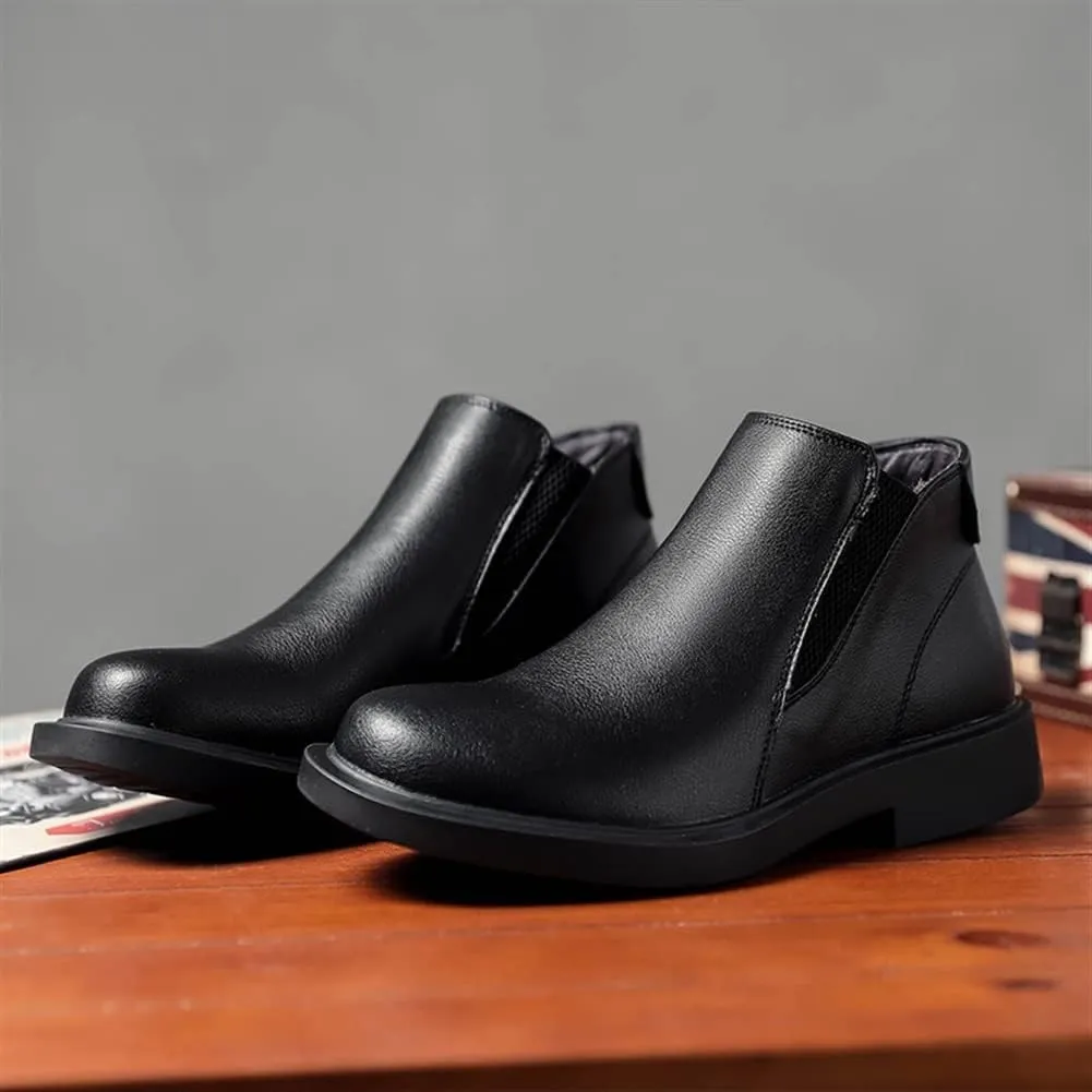 HOOENG Round Toe Ankle Boots for Men Elastic Bandage Genuine Leather Waterproof Anti-Slip Wearable Non Slip on Dress