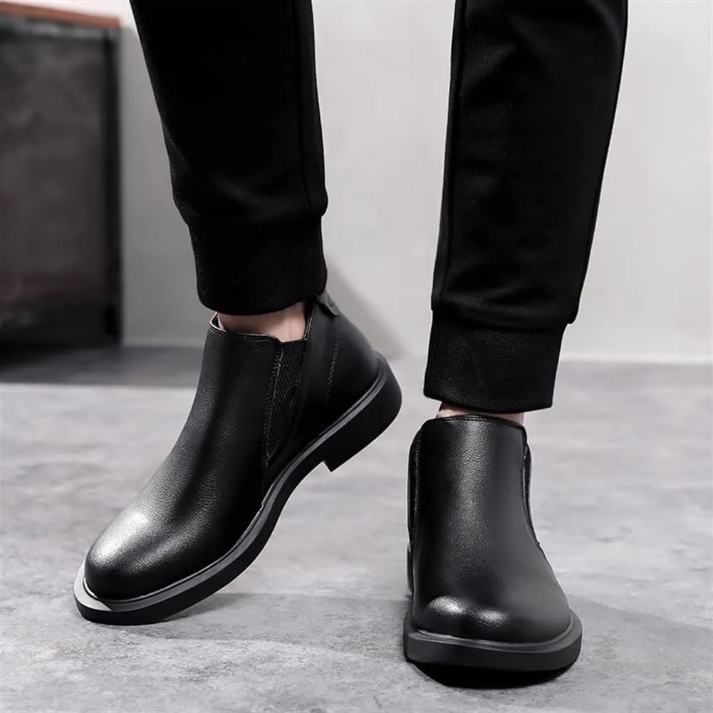 HOOENG Round Toe Ankle Boots for Men Elastic Bandage Genuine Leather Waterproof Anti-Slip Wearable Non Slip on Dress