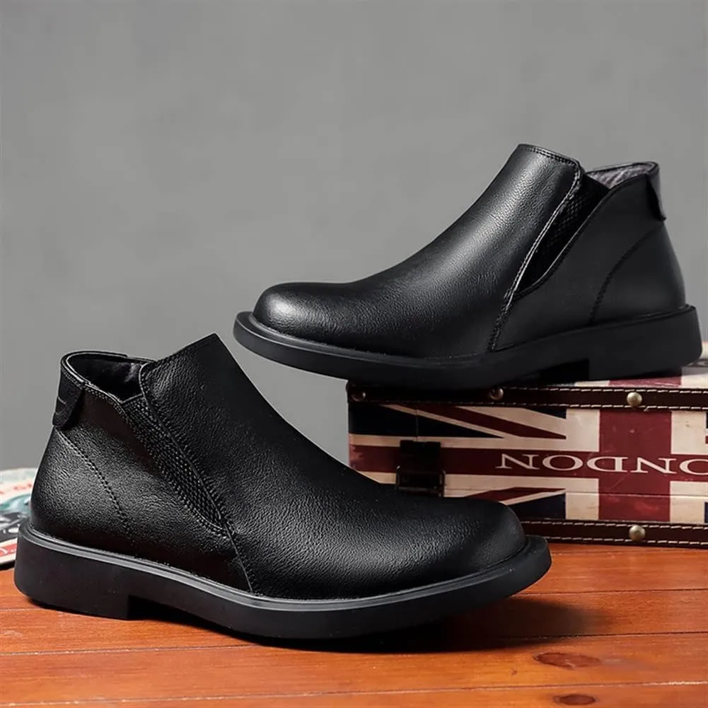 HOOENG Round Toe Ankle Boots for Men Elastic Bandage Genuine Leather Waterproof Anti-Slip Wearable Non Slip on Dress