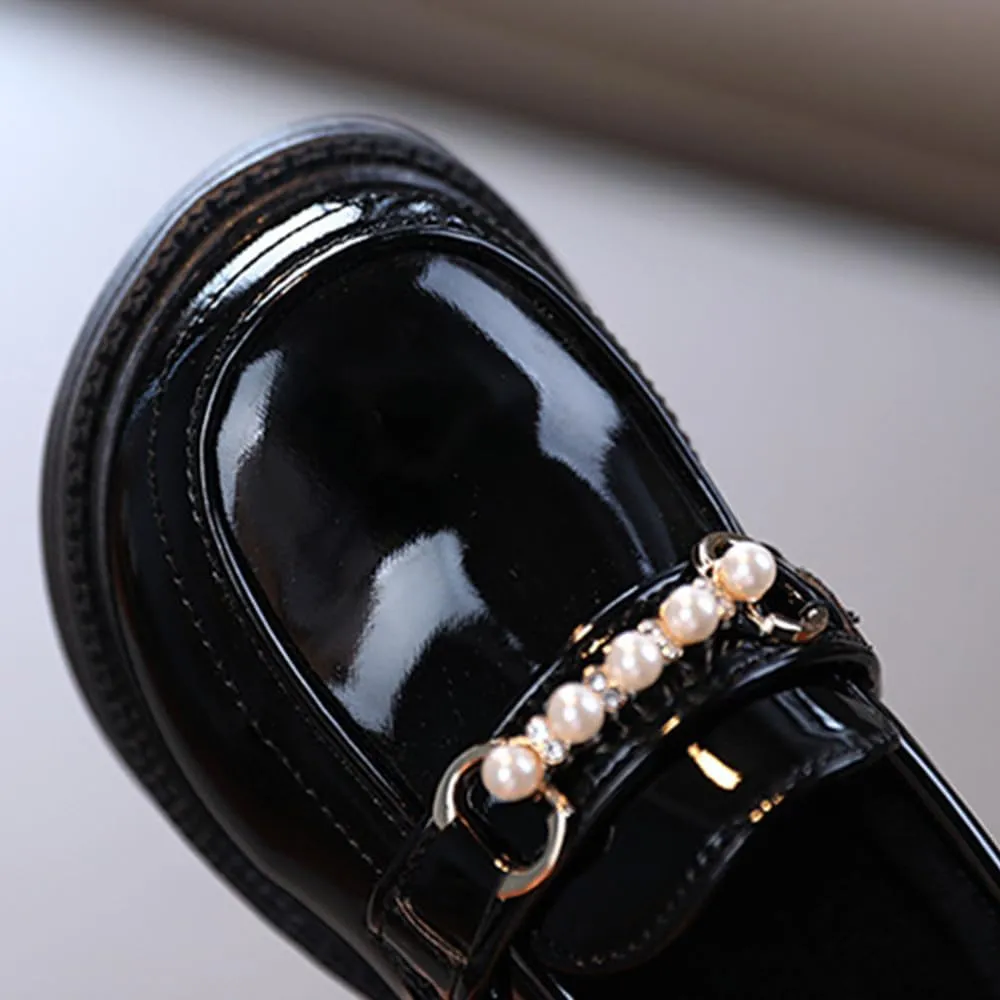 Little Girls Patent Leather Oxford Slip-On Penny Loafer Rhinestones Pearls Flats Black White School Uniform Dress Shoes for Toddlers/Little Girls