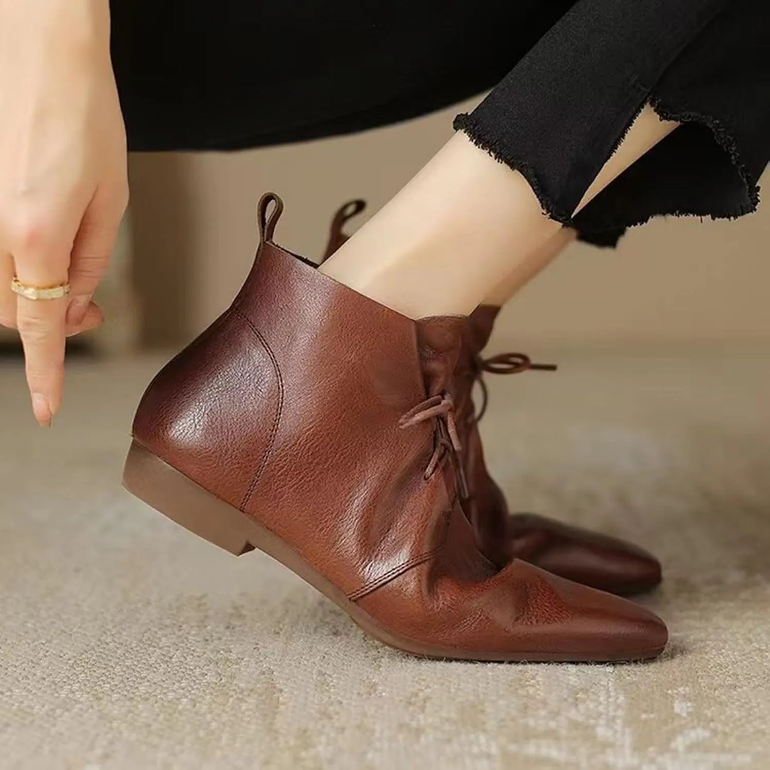 Low Heel Pointed Toe Lace Up Chukka Ankle Boots Flats Fall Winter Booties Casual Dress Shoes Slip On Walking Shoes