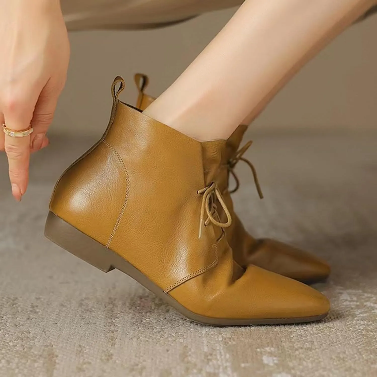 Low Heel Pointed Toe Lace Up Chukka Ankle Boots Flats Fall Winter Booties Casual Dress Shoes Slip On Walking Shoes