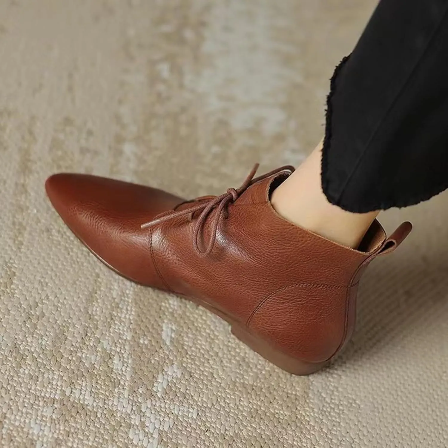 Low Heel Pointed Toe Lace Up Chukka Ankle Boots Flats Fall Winter Booties Casual Dress Shoes Slip On Walking Shoes