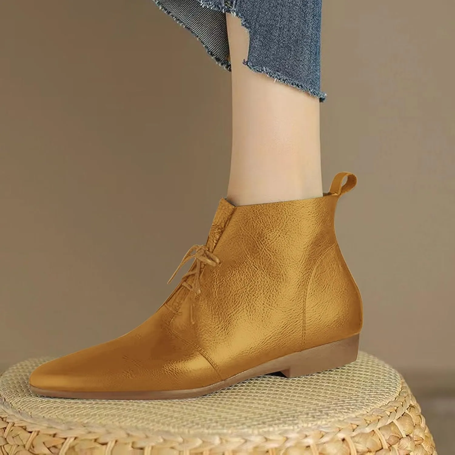 Low Heel Pointed Toe Lace Up Chukka Ankle Boots Flats Fall Winter Booties Casual Dress Shoes Slip On Walking Shoes