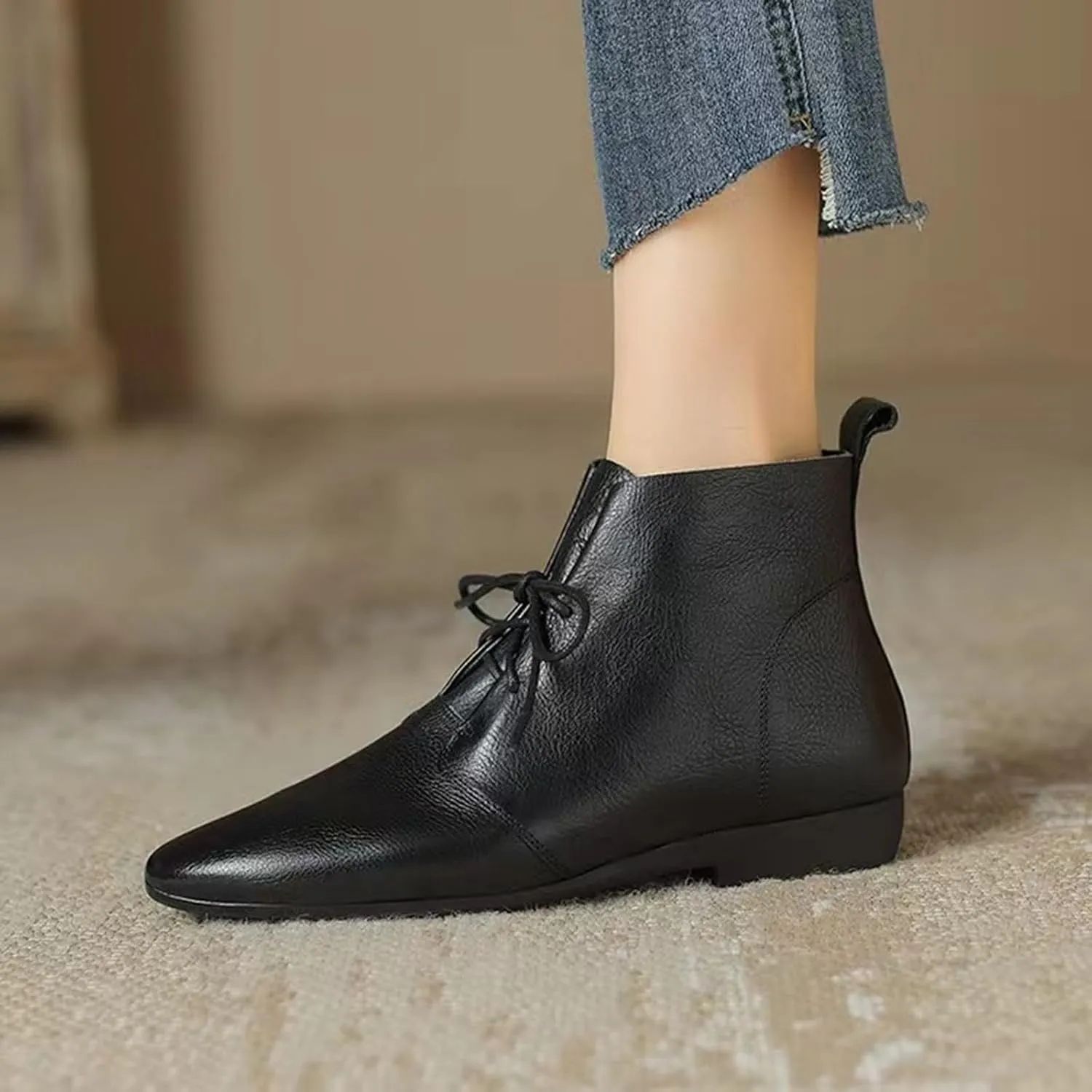 Low Heel Pointed Toe Lace Up Chukka Ankle Boots Flats Fall Winter Booties Casual Dress Shoes Slip On Walking Shoes