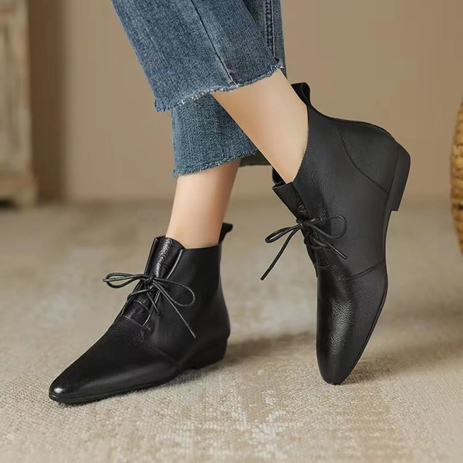 Low Heel Pointed Toe Lace Up Chukka Ankle Boots Flats Fall Winter Booties Casual Dress Shoes Slip On Walking Shoes