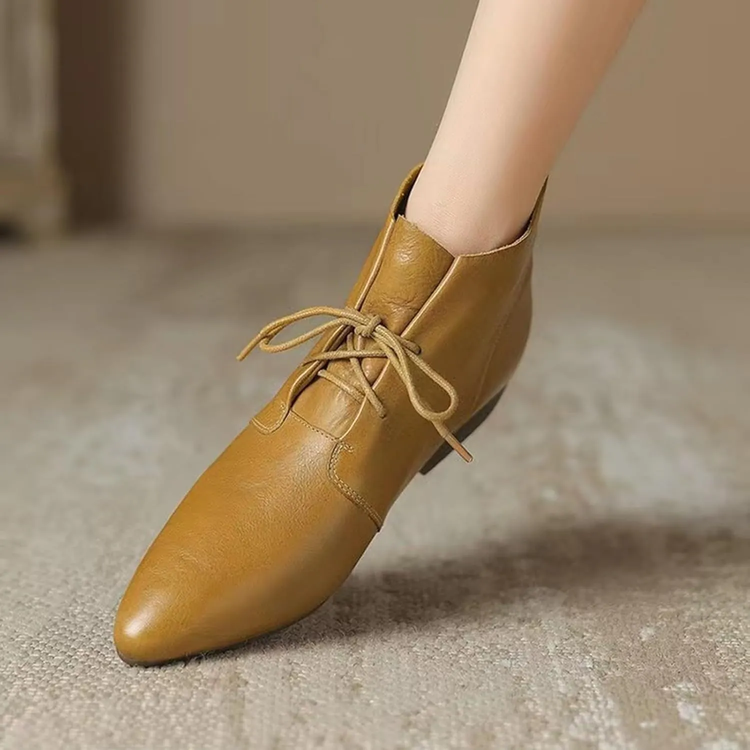 Low Heel Pointed Toe Lace Up Chukka Ankle Boots Flats Fall Winter Booties Casual Dress Shoes Slip On Walking Shoes