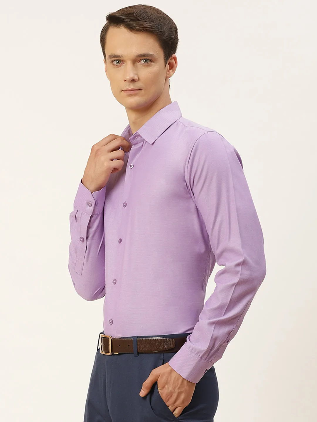 Men's Cotton Purple Self Design Classic Formal Shirt - Sojanya