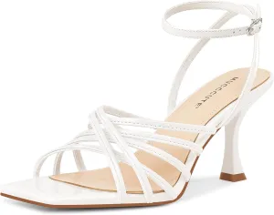 MUCCCUTE Womens Sandals Square Open Toe Strappy Heels Sandals Ankle Strap High Heels for Women Comfort Weddings Dress Party Shoes White US Size 8