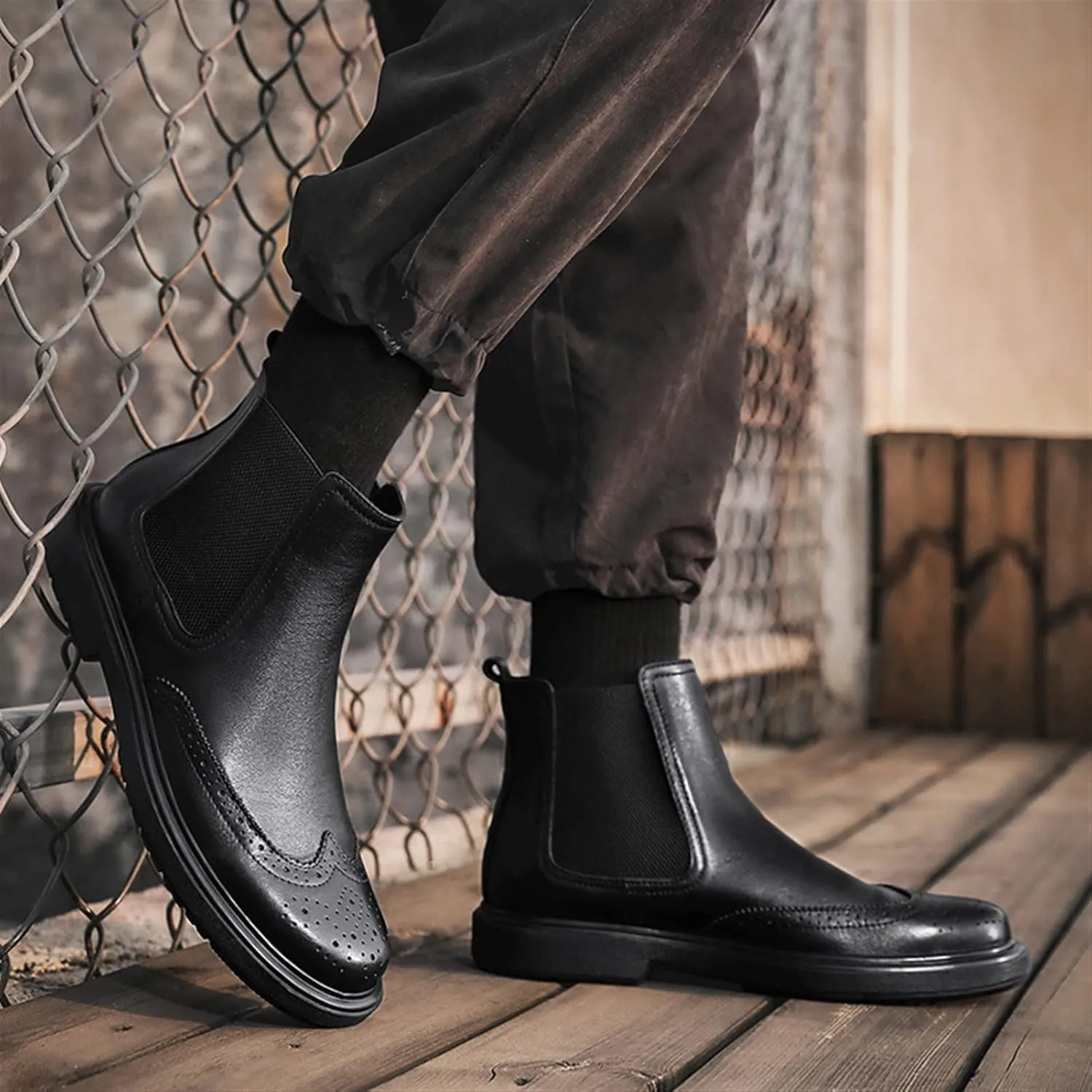 New Chelsea Boots For Men Carved Brogue Win Tip Elastic Bandage Cowhide Leather Slip On Waterproof Non Wearable Dress Slip On