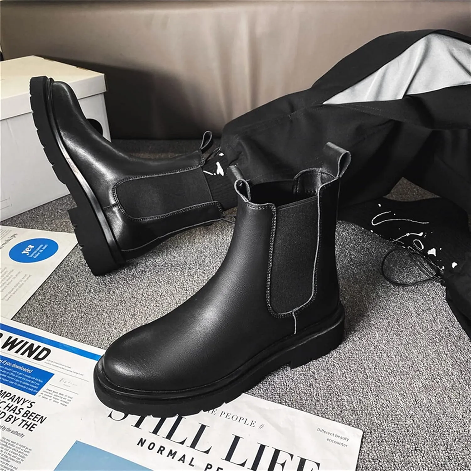 New Chelsea Boots For Men Elastic Bandage Mid Top Genuine Leather Slip On Non Anti-slip Wearable Waterproof Dress Slip On